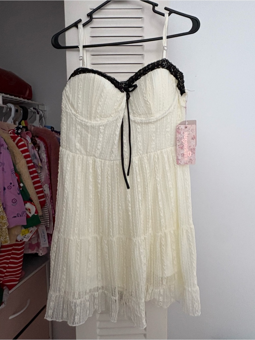 Ivory Mini Slip Dress with Black Lace Trim